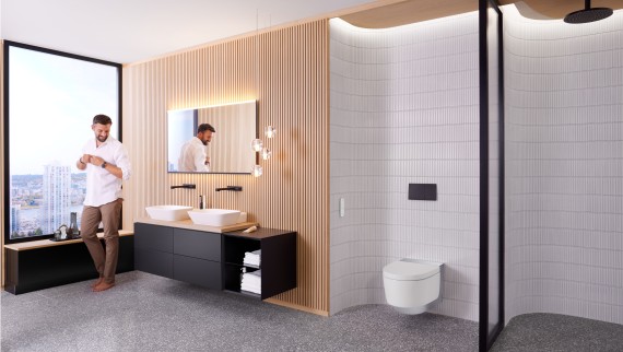 Geberit ONE badrum med Geberit AquaClean Mera och Geberit Option Plus Spegel