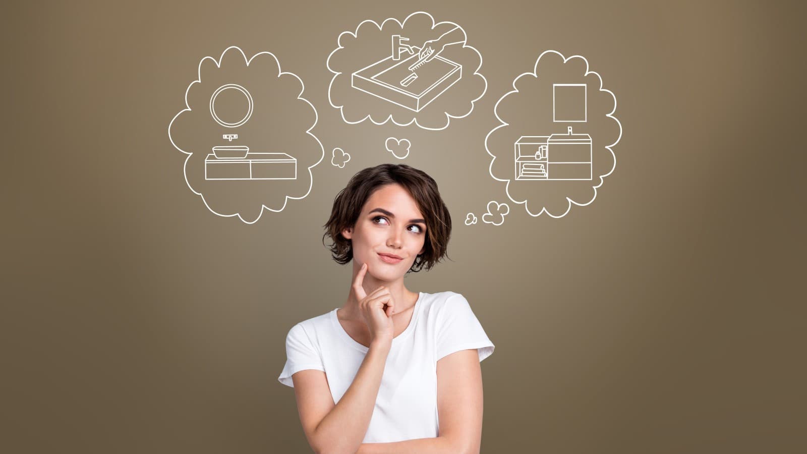 Kvinna som funderar över hennes tvättställsområde Kvinna som funderar över hennes tvättställsområde