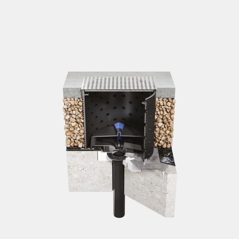 Installation av Geberit Pluvia på ett gångbart betongtak med bitumen folie Installation av Geberit Pluvia på ett gångbart betongtak med bitumen folie